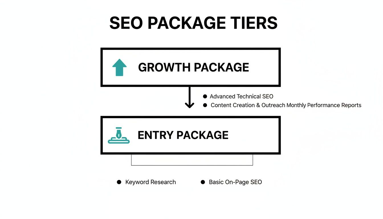SEO package tiers diagram: Growth includes advanced SEO, content creation, and reports, while Entry covers keyword research and basic on-page SEO.