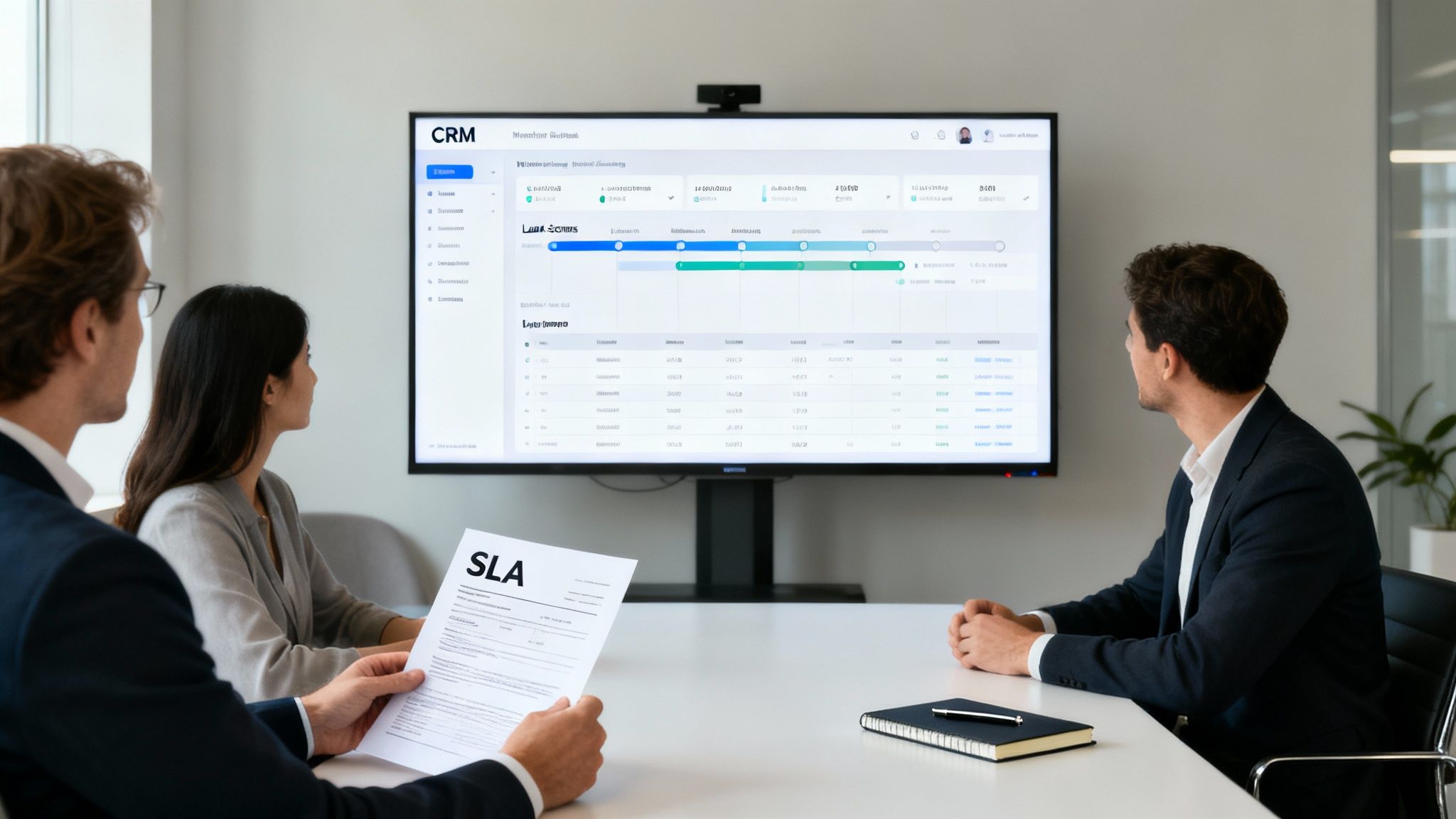 Three business professionals review a CRM dashboard and an SLA document during a meeting.