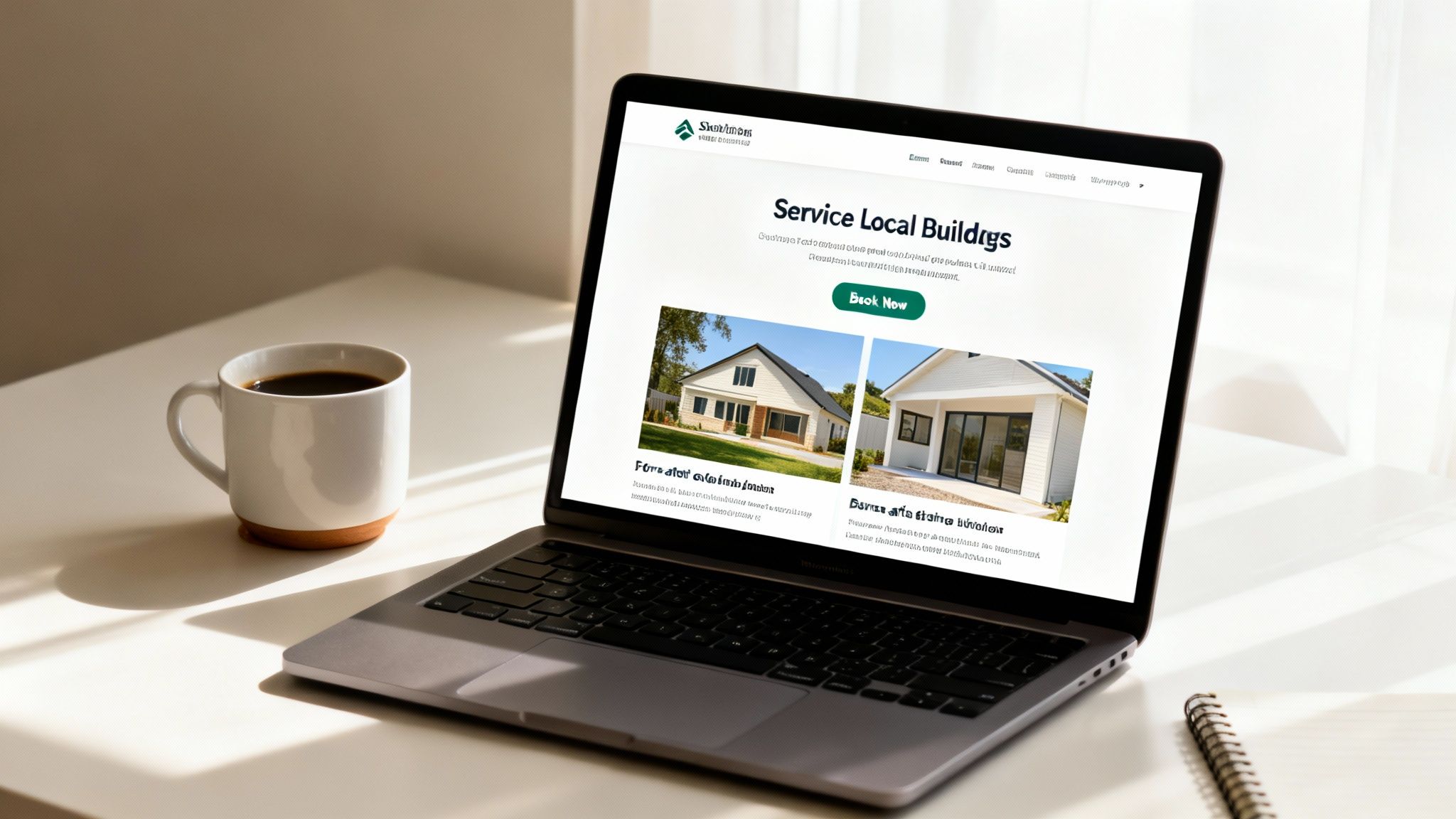 A laptop on a sunlit desk displays a website about local building services, alongside a coffee mug.