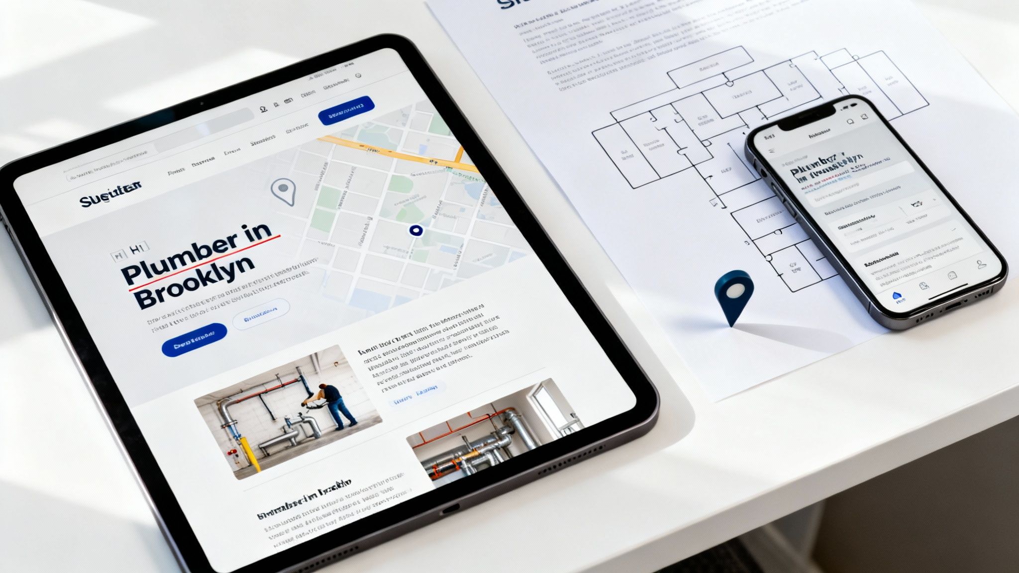 Tablet and smartphone display a local plumber's website with a map and location pin.