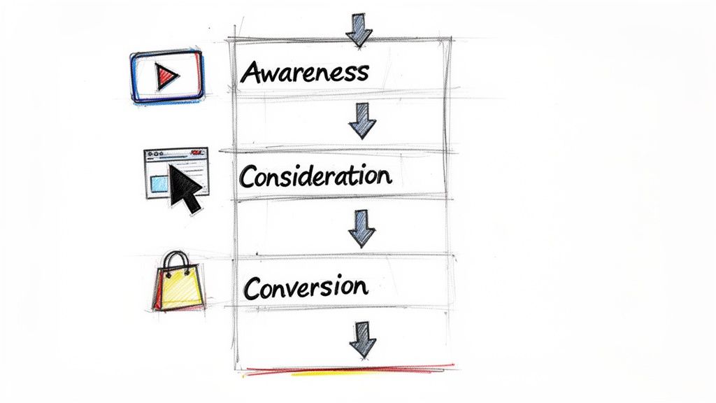 A hand-drawn marketing funnel showing Awareness (video), Consideration (website), and Conversion (shopping bag) stages.