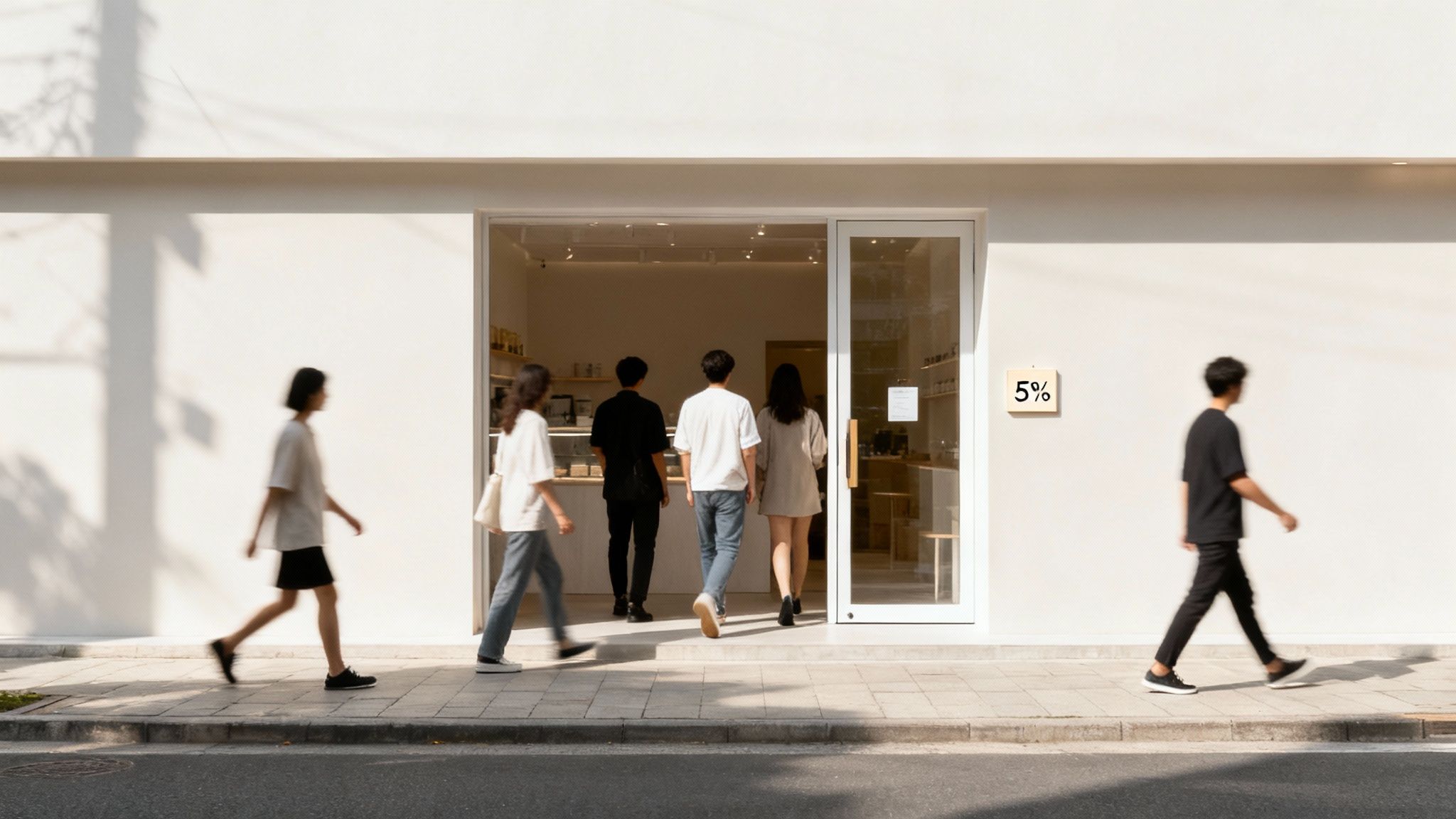 Modern minimalist storefront with people walking by and entering retail shop with discount sign