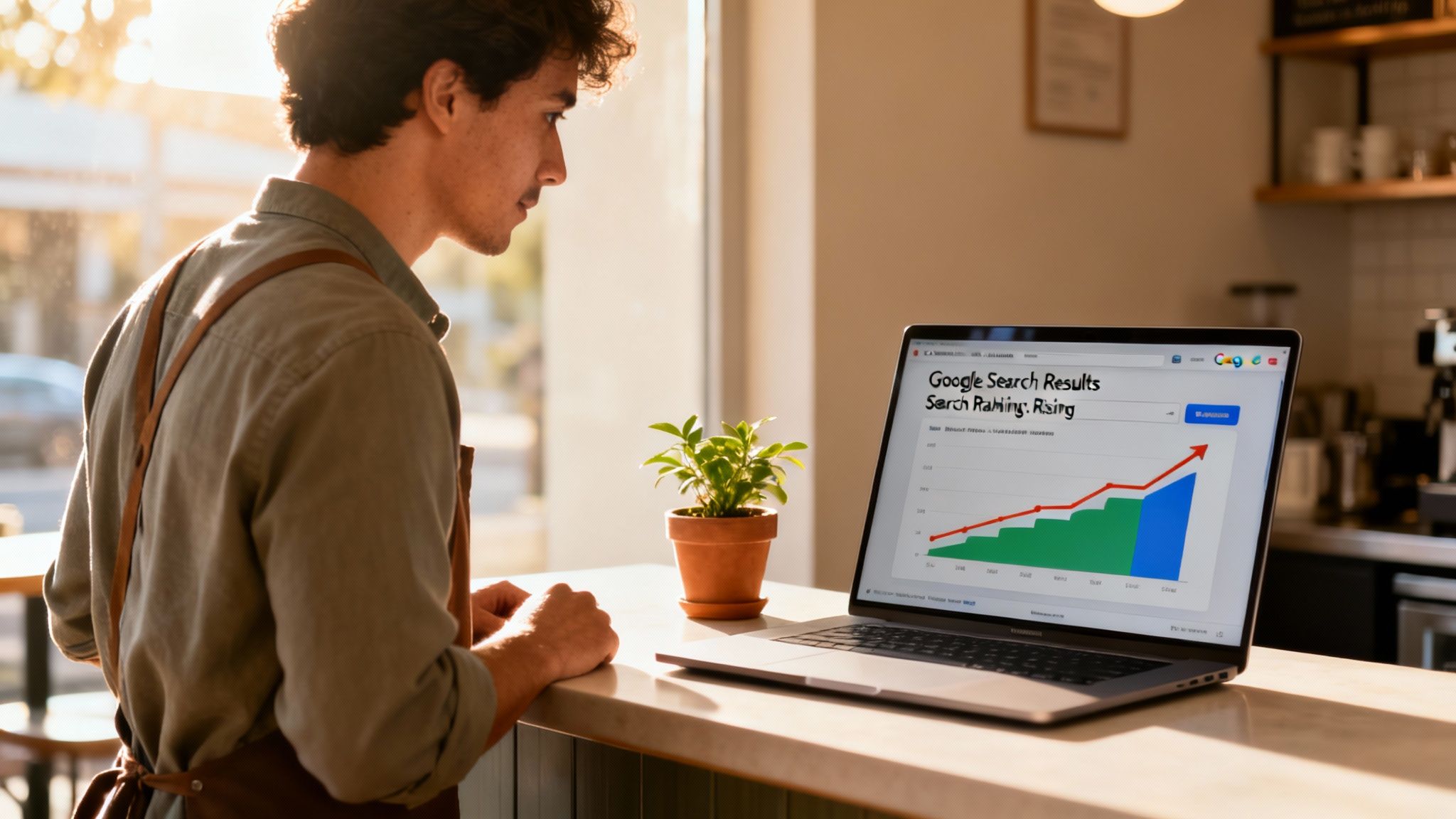 Young man in apron views laptop with a graph showing rising Google search rankings.