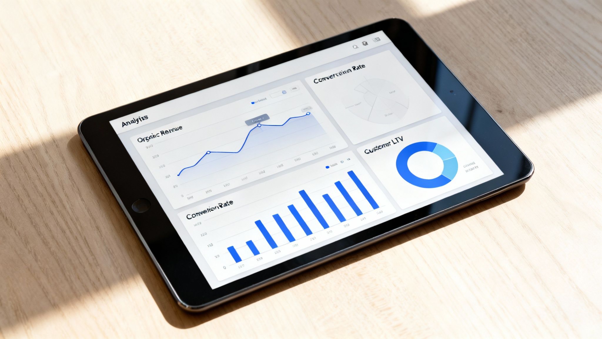 A tablet displaying an analytics dashboard with graphs for organic revenue and conversion rate.