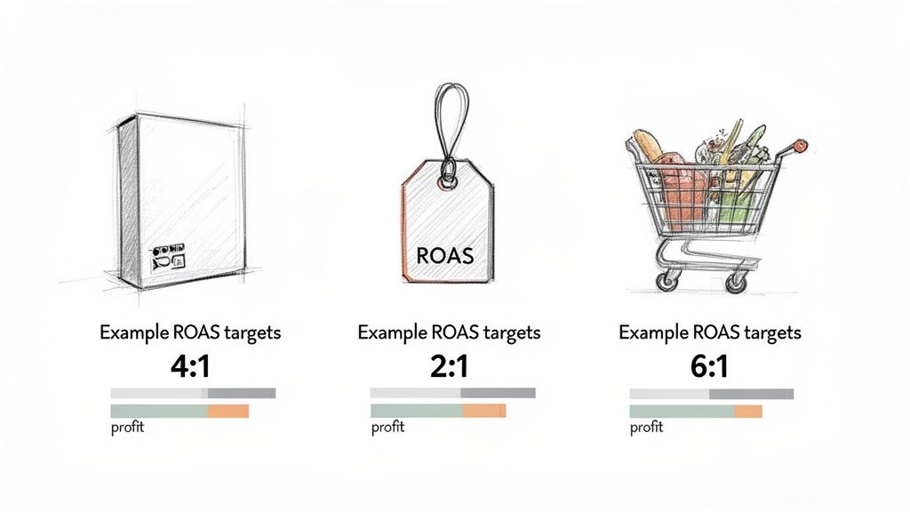Three examples illustrating ROAS targets like 4:1, 2:1, and 6:1, showing associated profit margins.