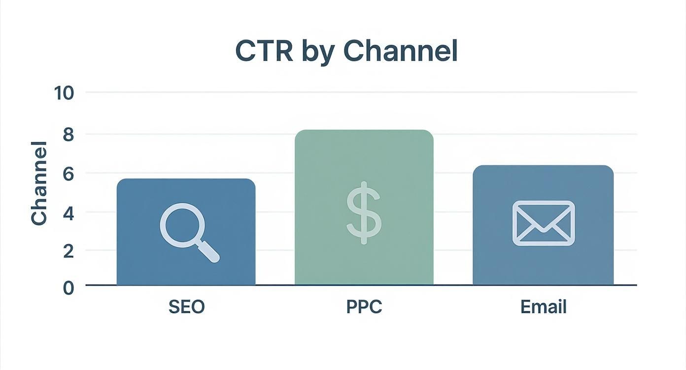 Bar chart comparing click through rates across SEO, PPC, and Email marketing channels