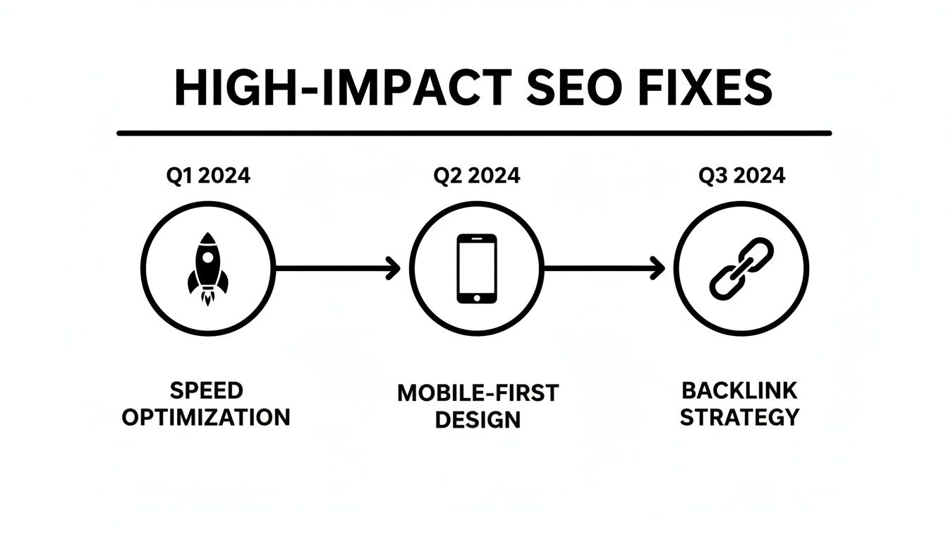A timeline showing high-impact SEO fixes for 2024: Q1 speed optimization, Q2 mobile-first design, Q3 backlink strategy.