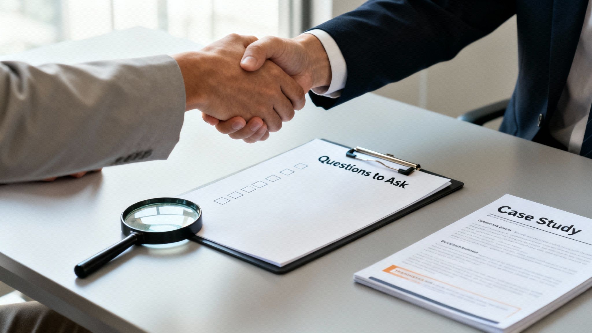 Two business professionals shake hands across a table with a 'Questions to Ask' clipboard and 'Case Study' documents.