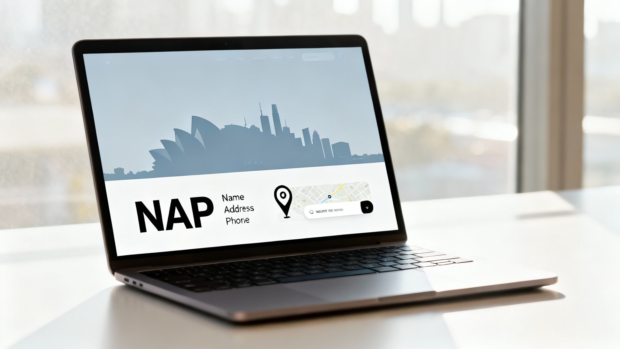A laptop on a desk displays a website with 'NAP Name Address Phone' text and a location map.