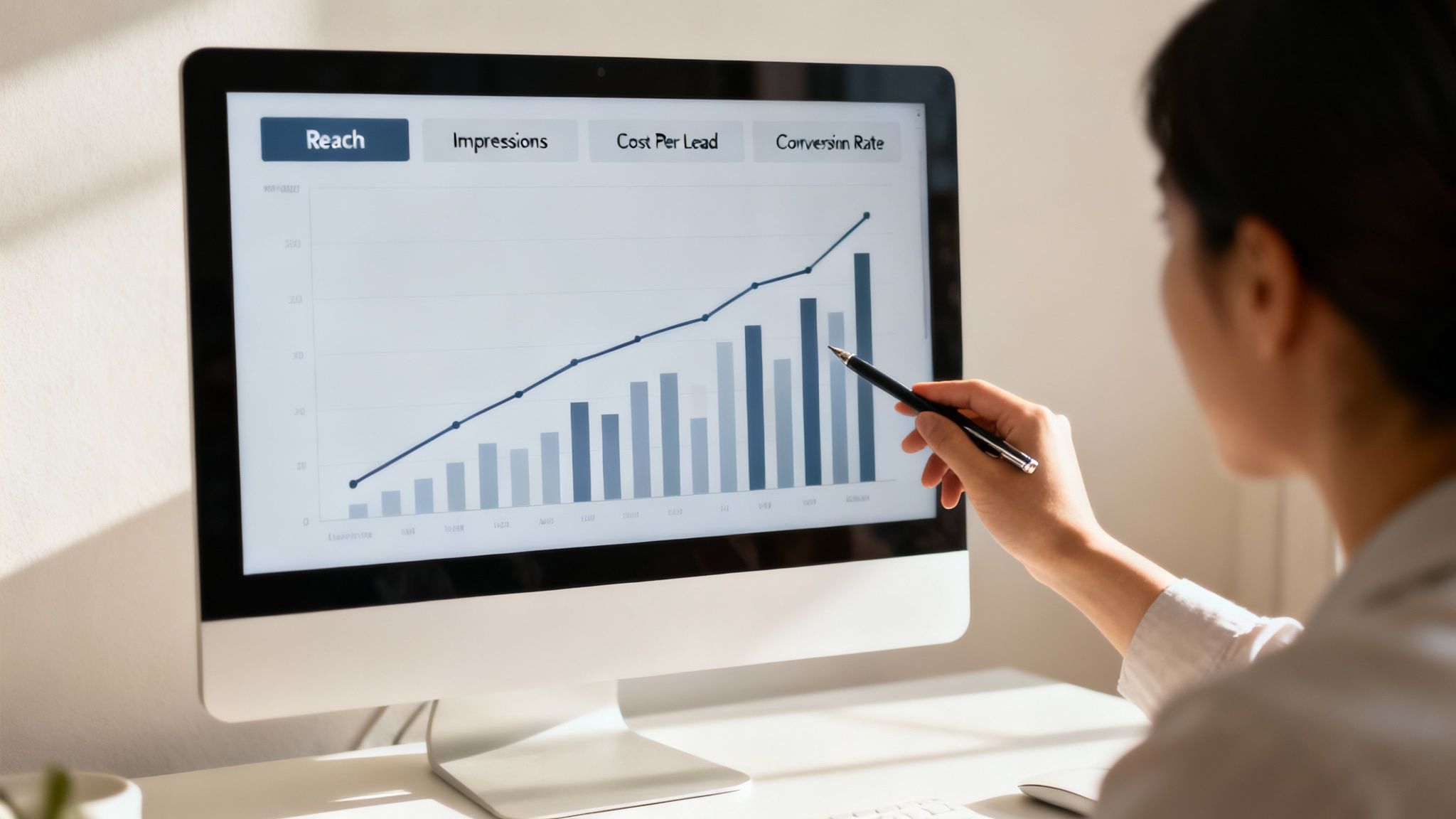 A person analyzing digital marketing metrics and a growth chart on a computer screen.