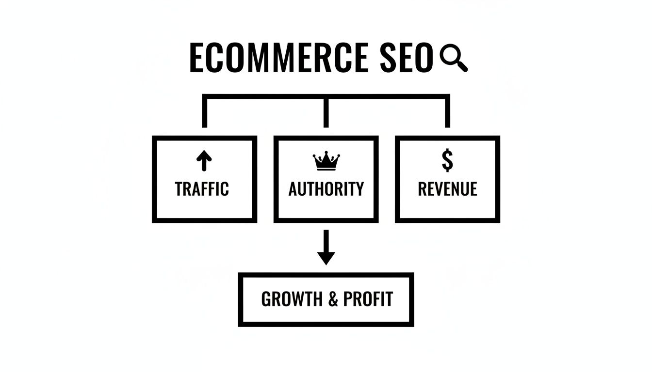 Flowchart illustrating Ecommerce SEO strategy leading to increased traffic, authority, revenue, and overall growth and profit.