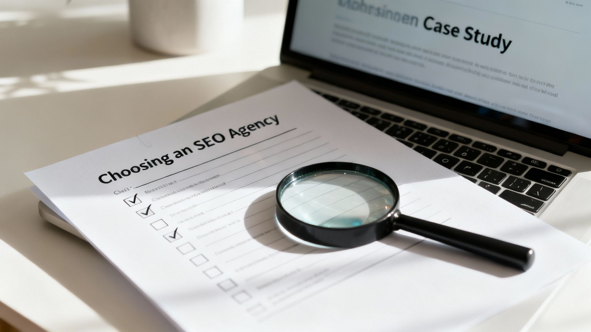 A desk with a document titled 'Choosing an SEO Agency', a magnifying glass, and a laptop displaying 'Case Study'.