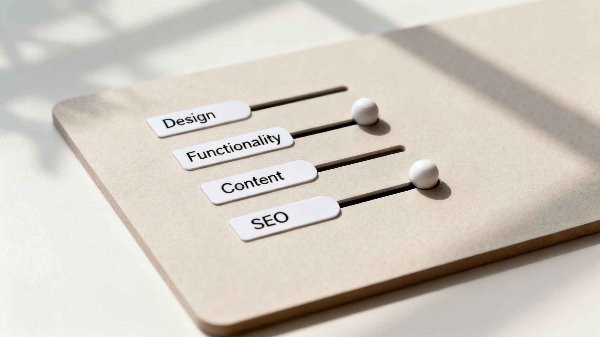 A wooden board with sliders for Design, Functionality, Content, and SEO, representing adjustable website priorities.