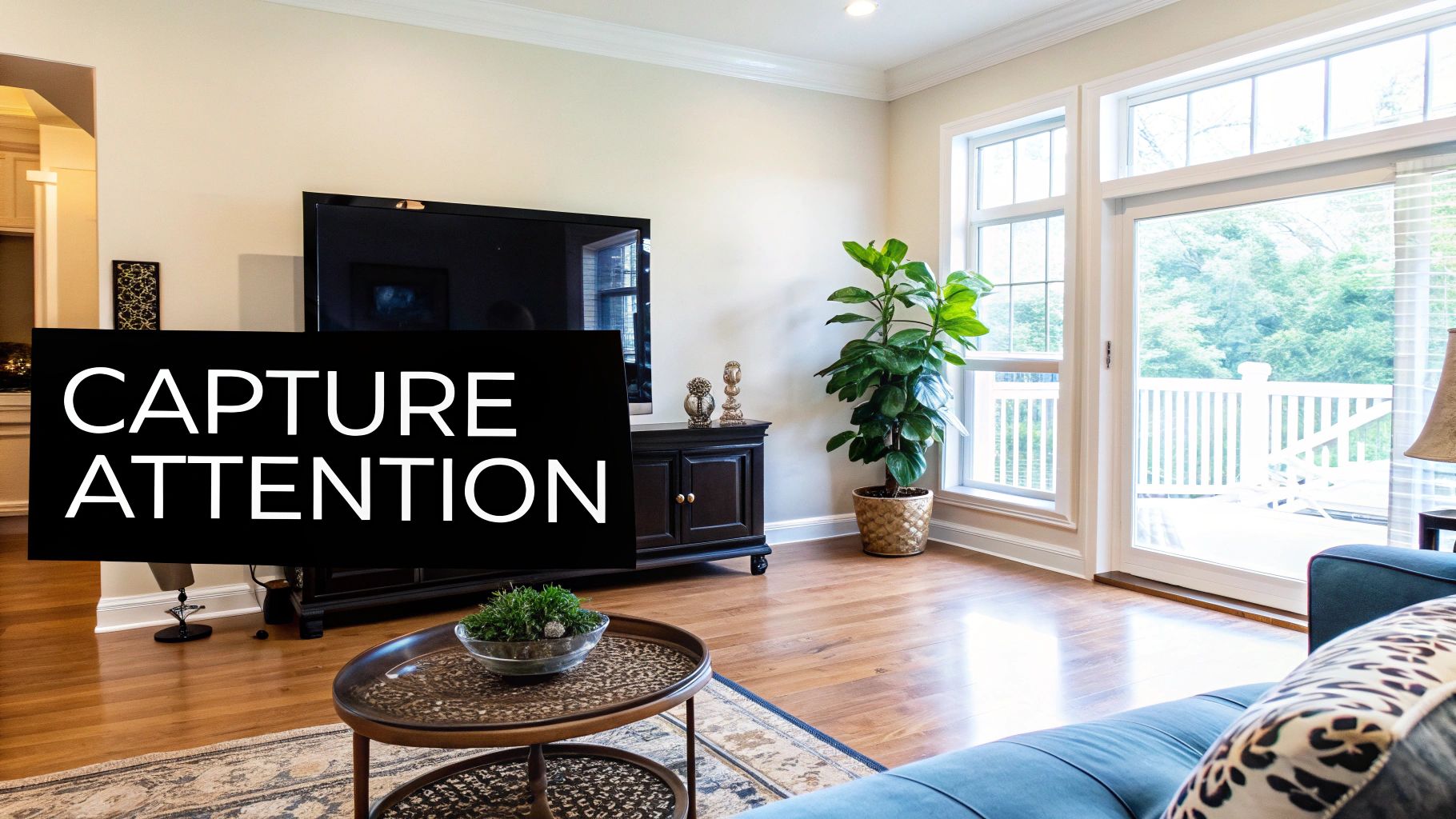 A modern living room staged for a real estate photoshoot