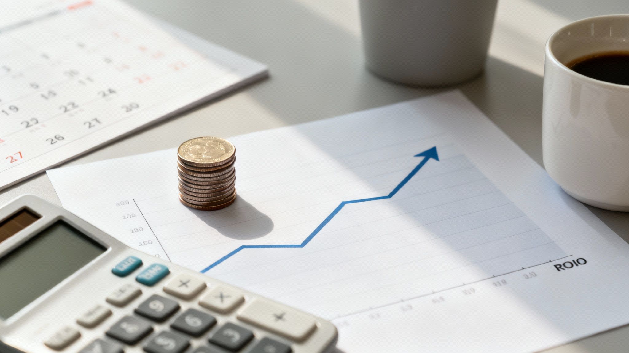 A desk with a stack of coins, calculator, and a financial growth graph showing positive returns.