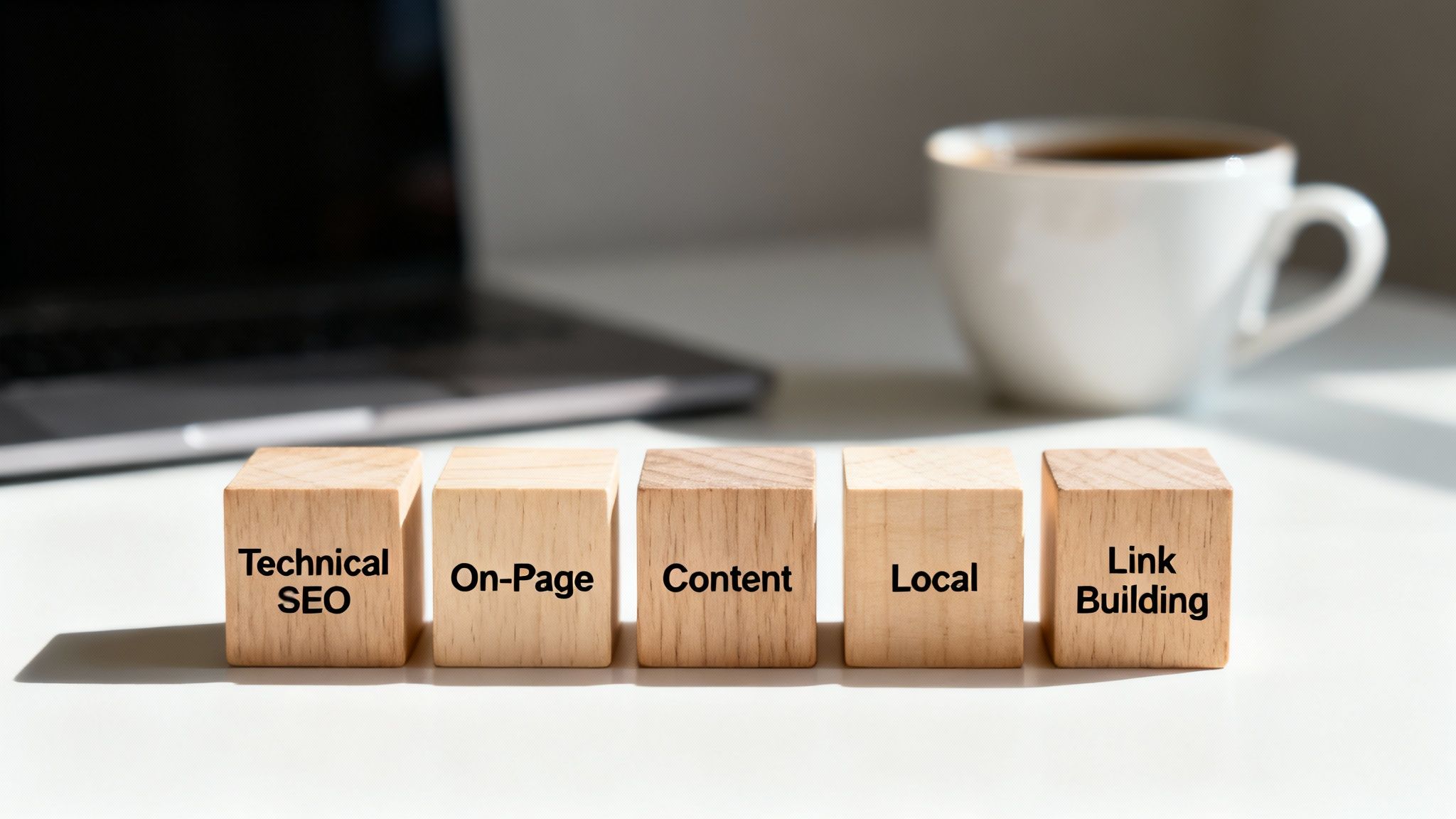 Five wooden blocks displaying SEO strategy components: Technical SEO, On-Page, Content, Local, and Link Building