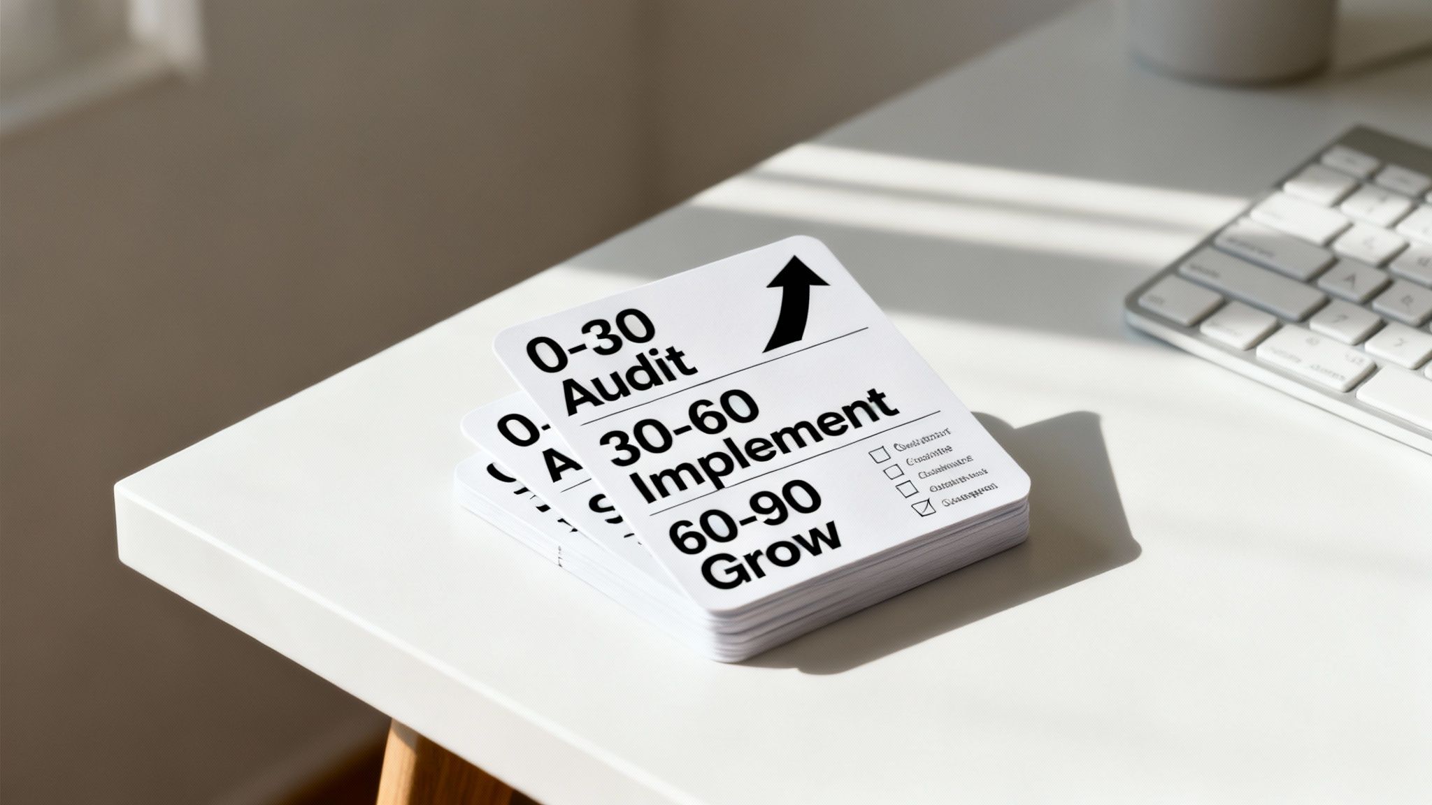White cards displaying a strategic growth plan: 0-30 Audit, 30-60 Implement, 60-90 Grow, on a white desk.