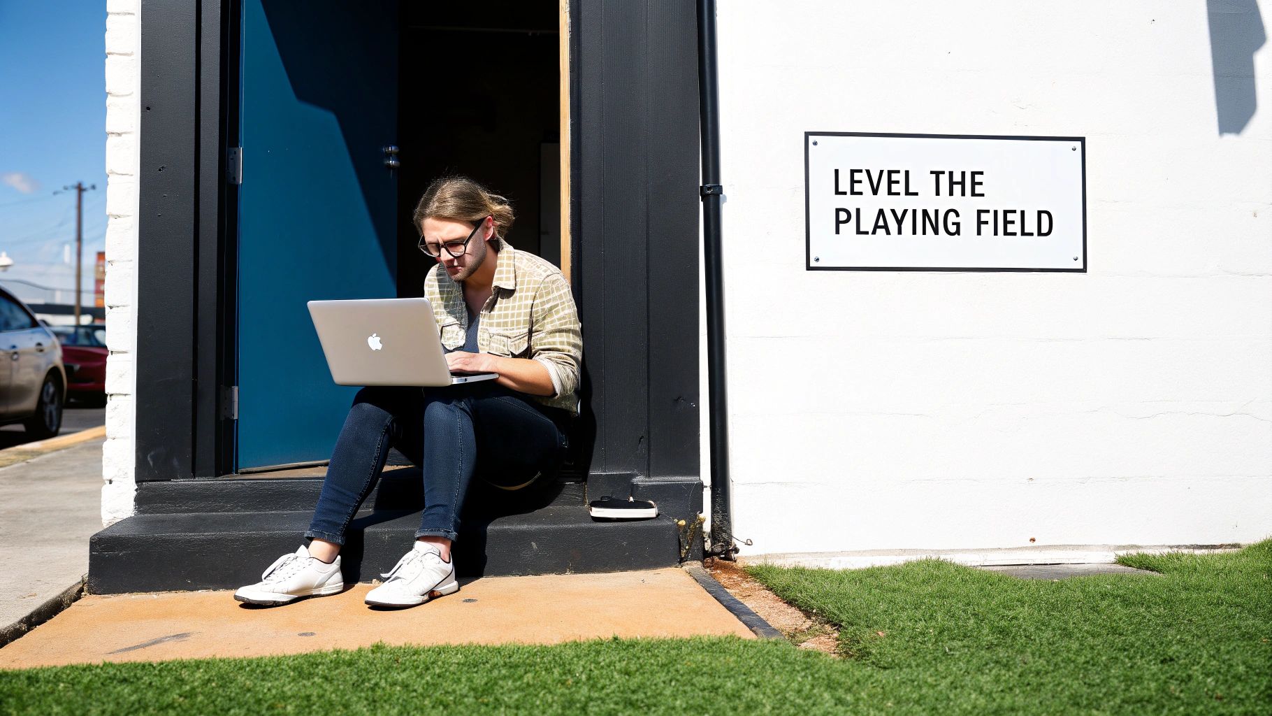A person working on a laptop with charts and graphs in the background, representing business growth from SEO.