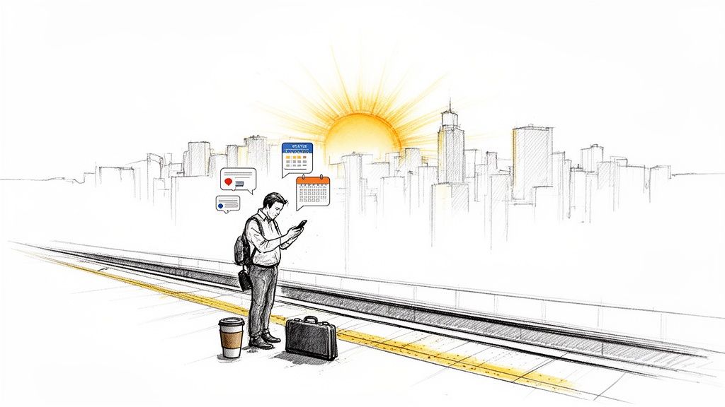 An illustration of a man checking his phone at a train station, with a city skyline and app notifications.