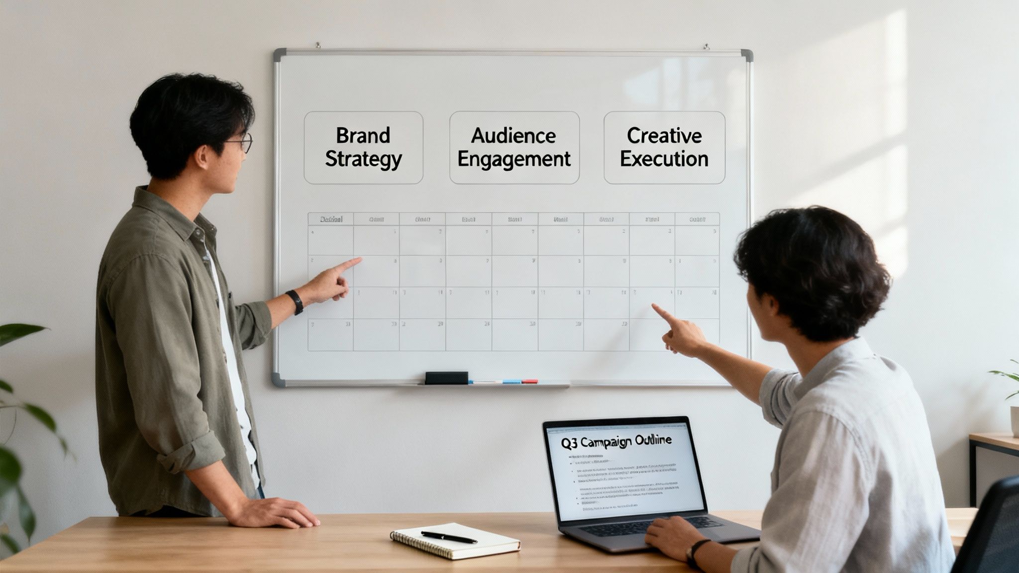 Marketing professionals outlining a content strategy on a whiteboard with a laptop showing campaign details.