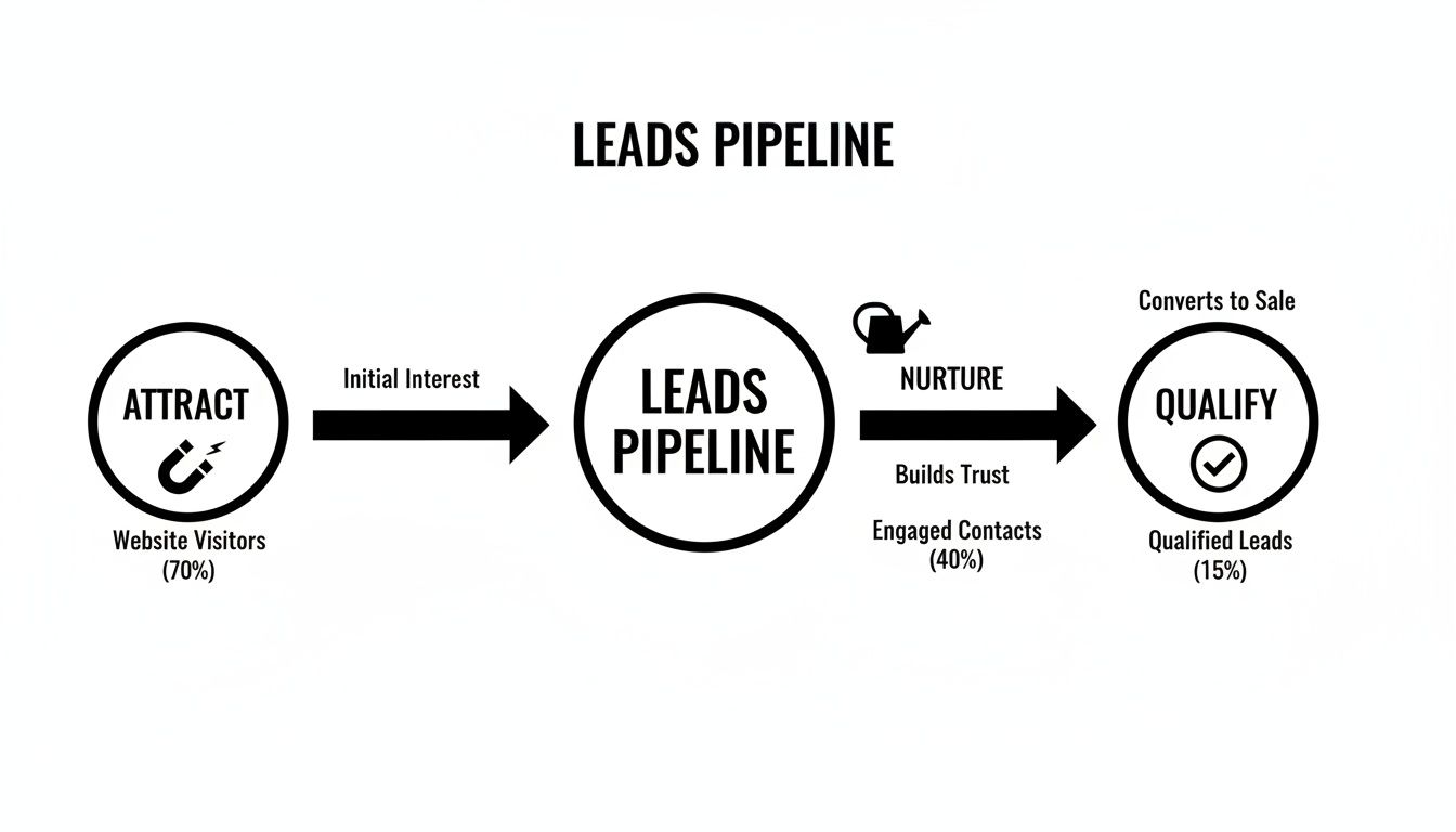 Leads pipeline diagram showing stages: attract website visitors, nurture engaged contacts, qualify leads.