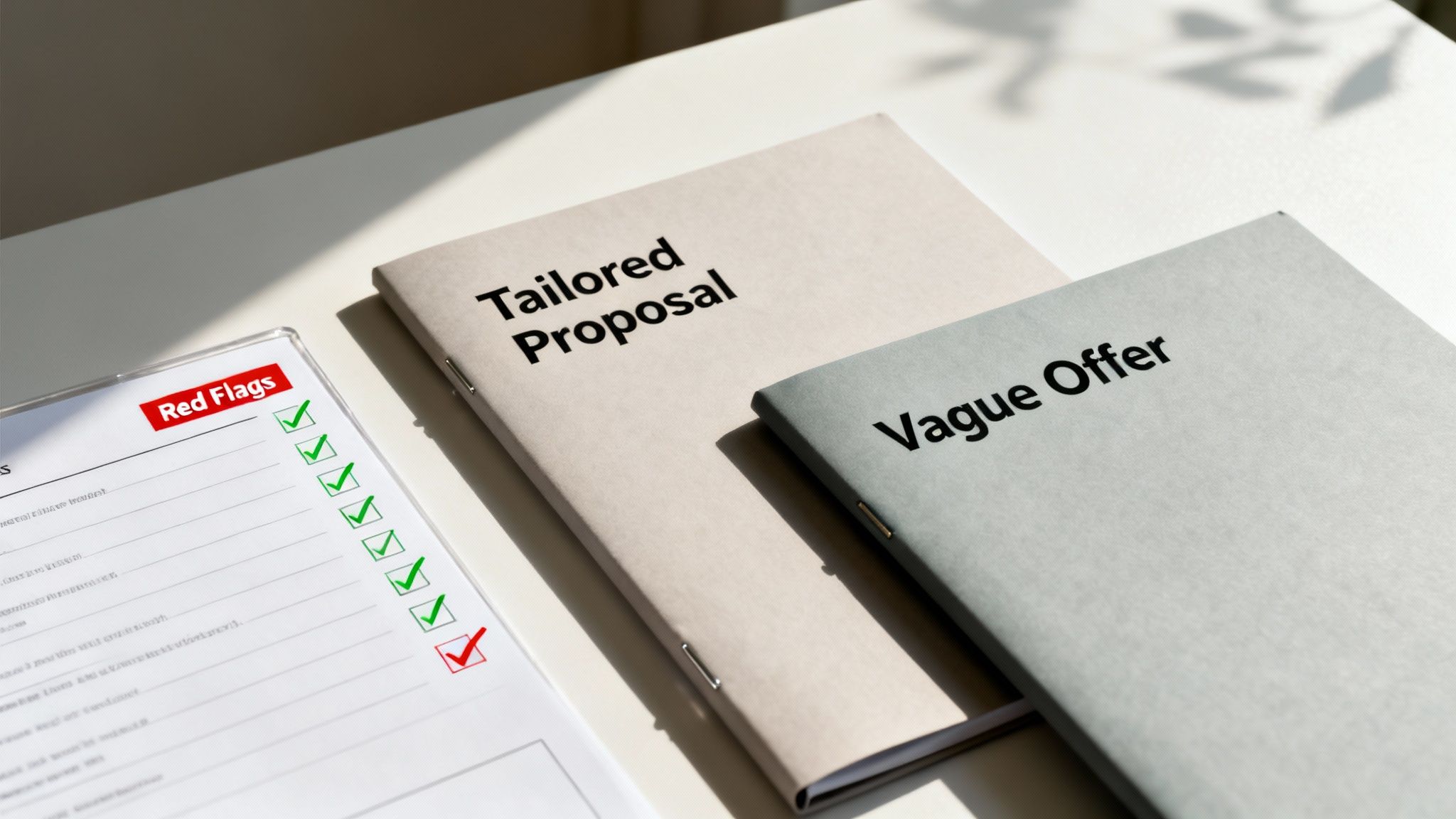 A desk with a 'Tailored Proposal' booklet, a 'Vague Offer' booklet, and a 'Red Flags' checklist.
