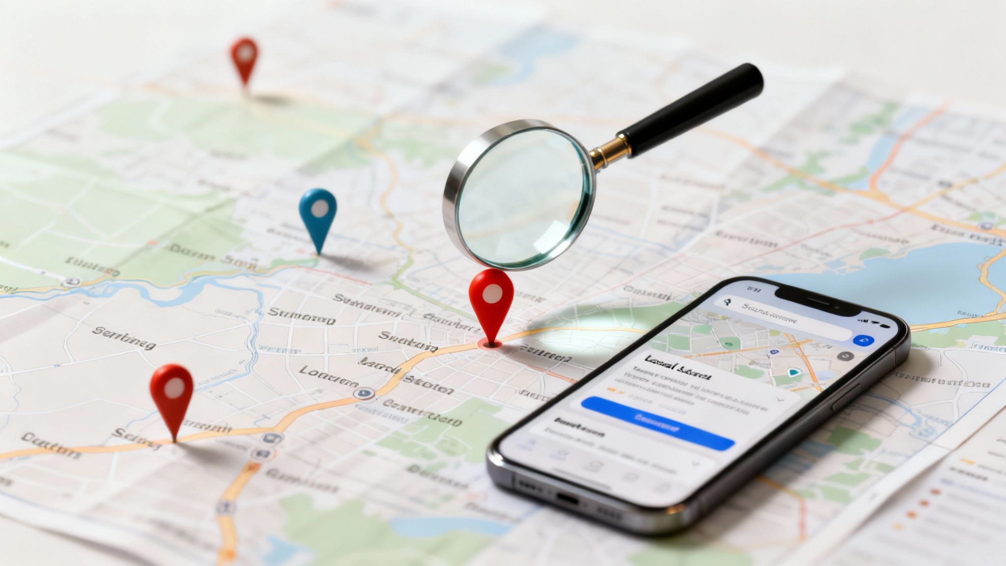 Physical map with location pins, a magnifying glass, and a smartphone showing local search results.