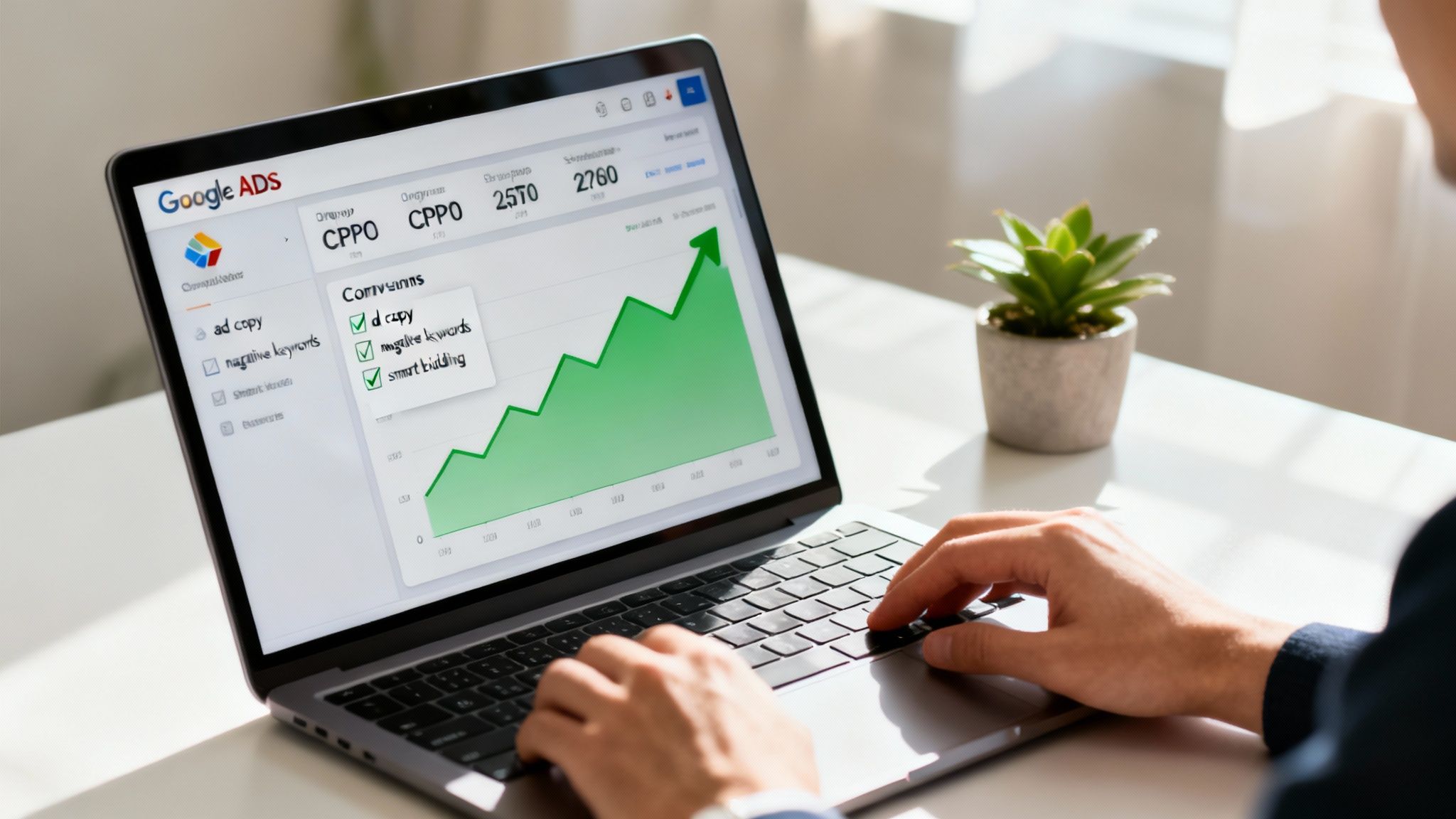 Person analyzing Google Ads campaign performance dashboard on a laptop with an upward-trending conversions graph.
