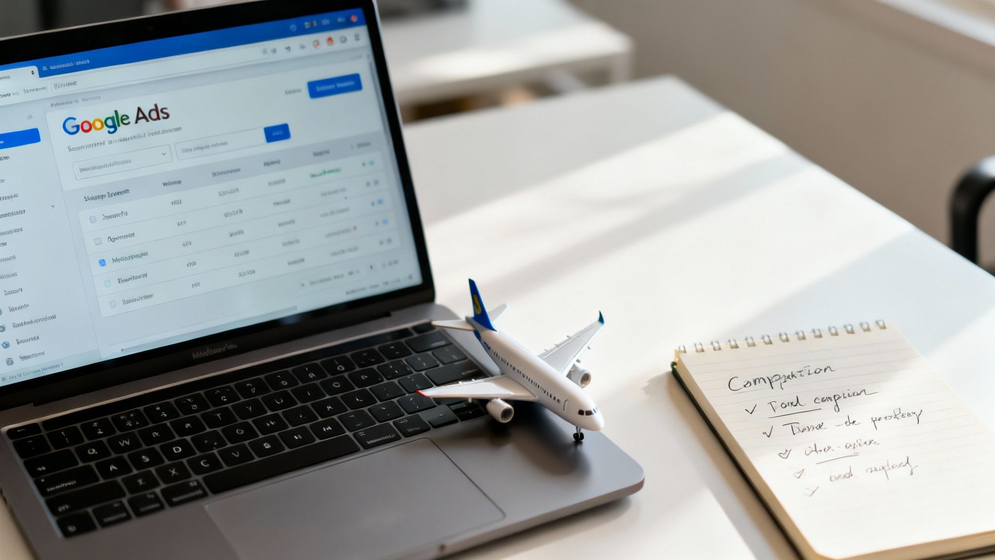 Laptop displaying Google Ads dashboard with toy airplane and campaign checklist notebook on desk