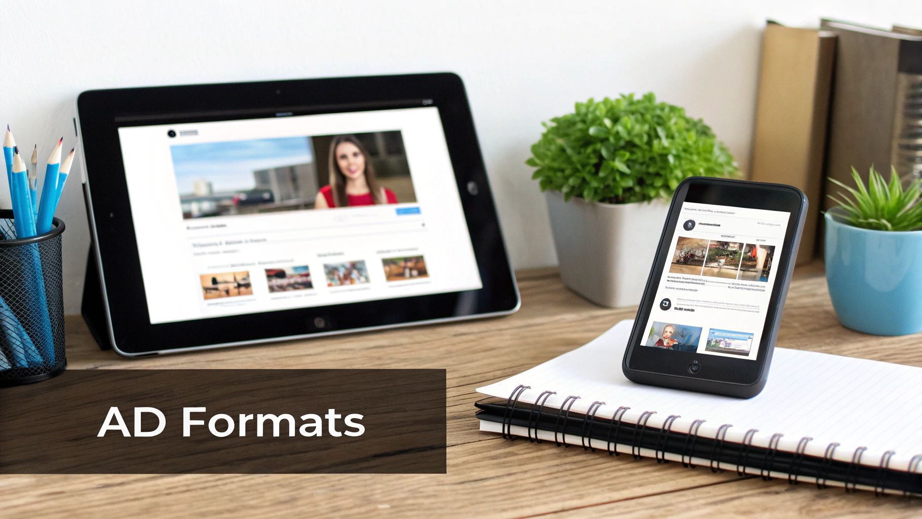 A person designing various modern display ad formats on a digital tablet