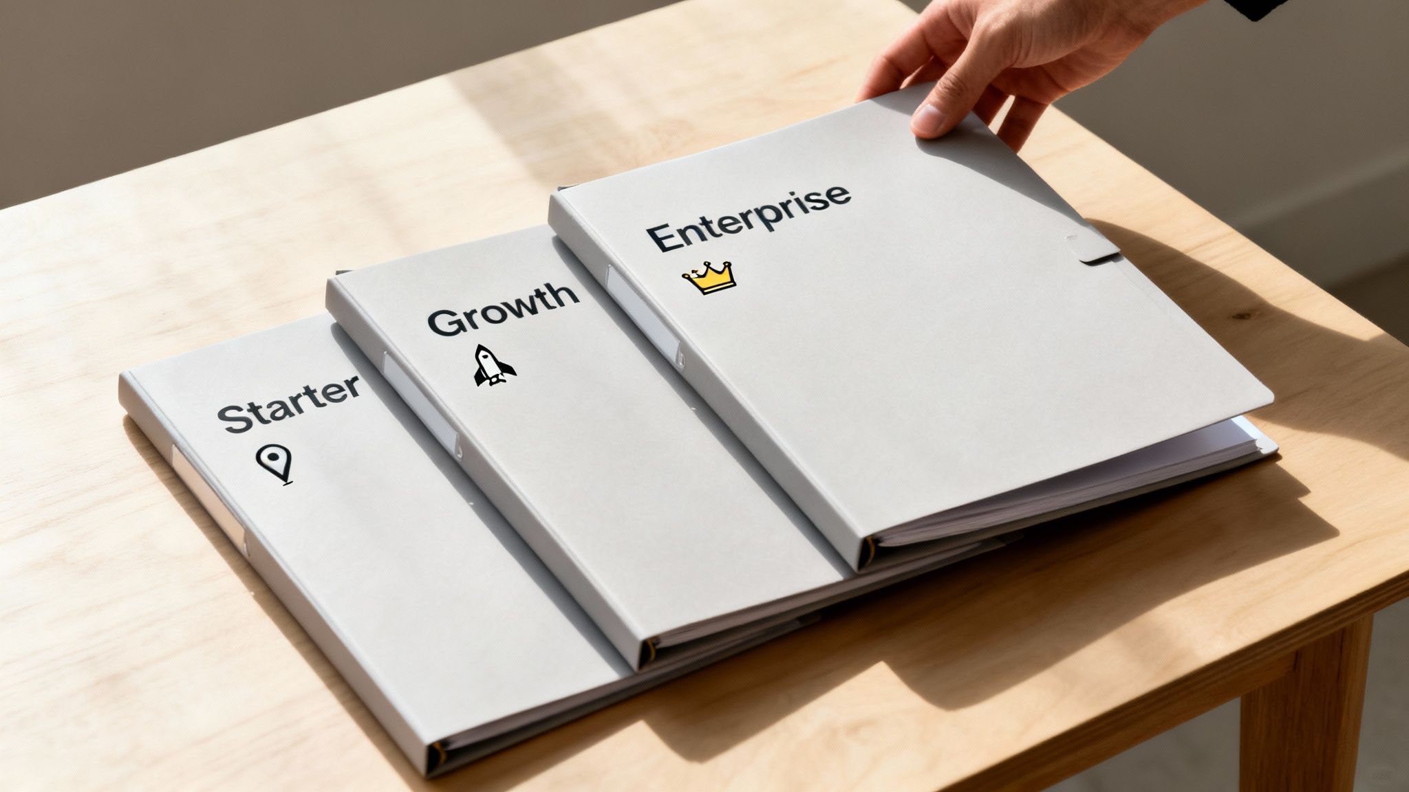 A hand reaches for one of three gray binders labeled Starter, Growth, and Enterprise on a wooden desk.