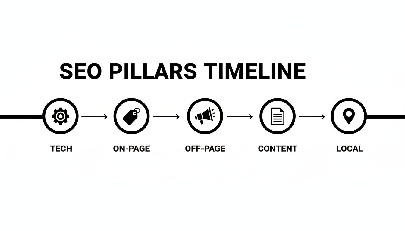 A timeline diagram illustrating the five key SEO pillars: Tech, On-Page, Off-Page, Content, and Local.