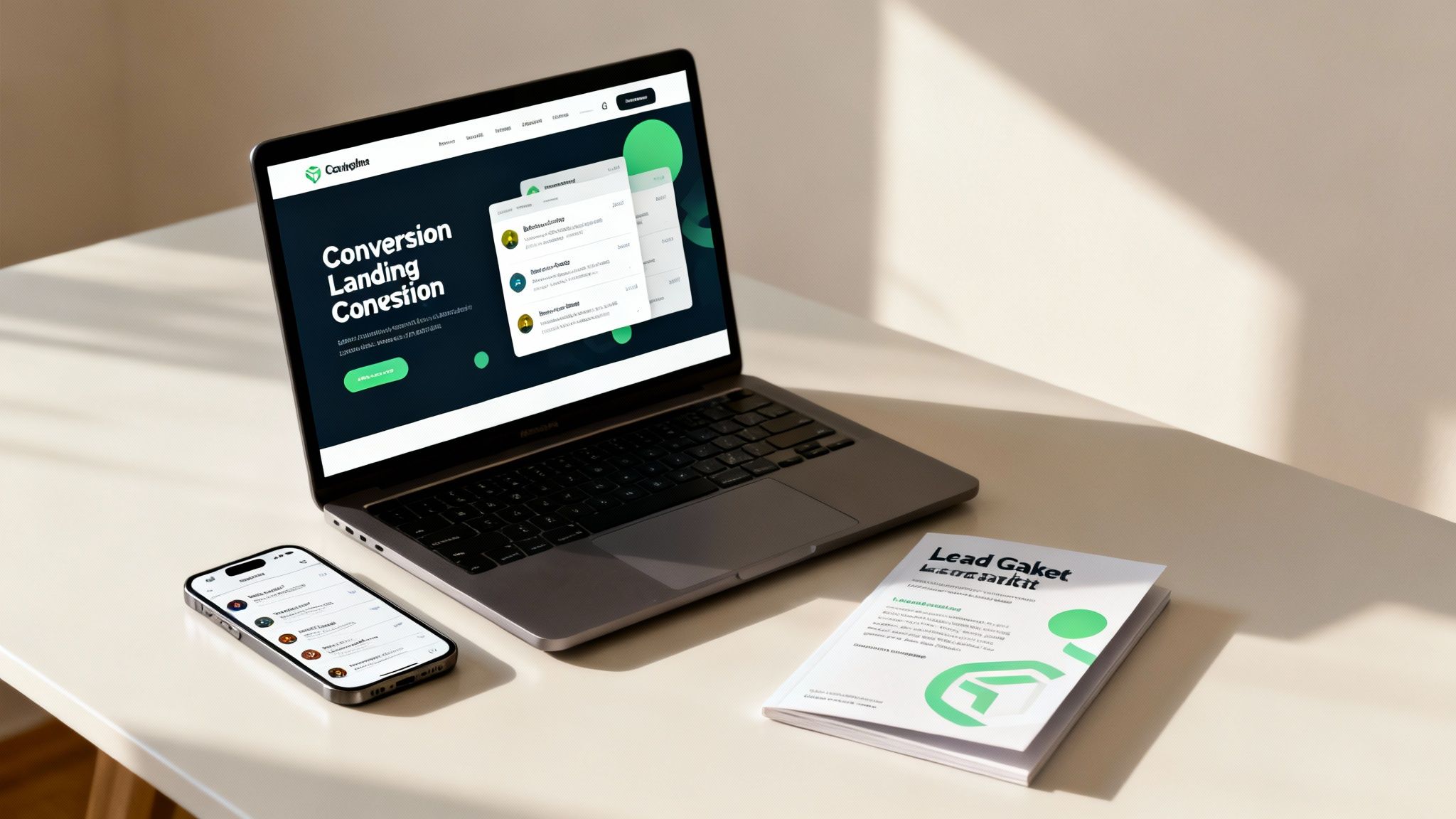 Digital marketing workspace with a laptop, smartphone, and lead generation booklet on a clean desk.