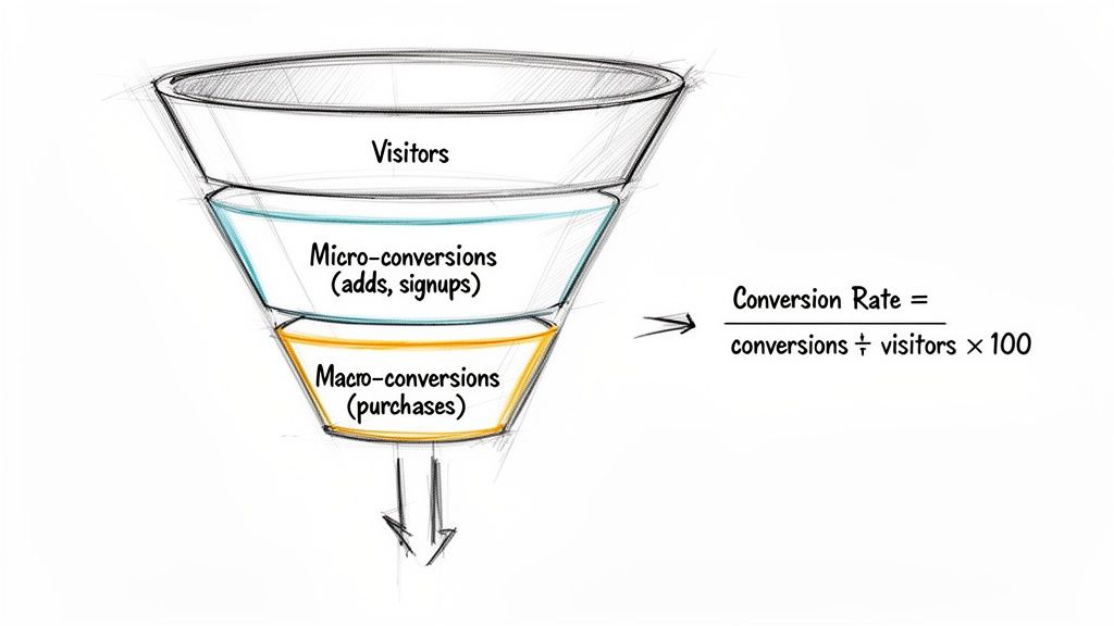 A hand-drawn marketing funnel illustrating visitors, micro-conversions, macro-conversions, and the conversion rate formula.