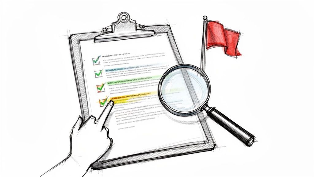 Hand points to a checklist on a clipboard with green checks and a warning, alongside a magnifying glass and a red flag, symbolizing audit and review.