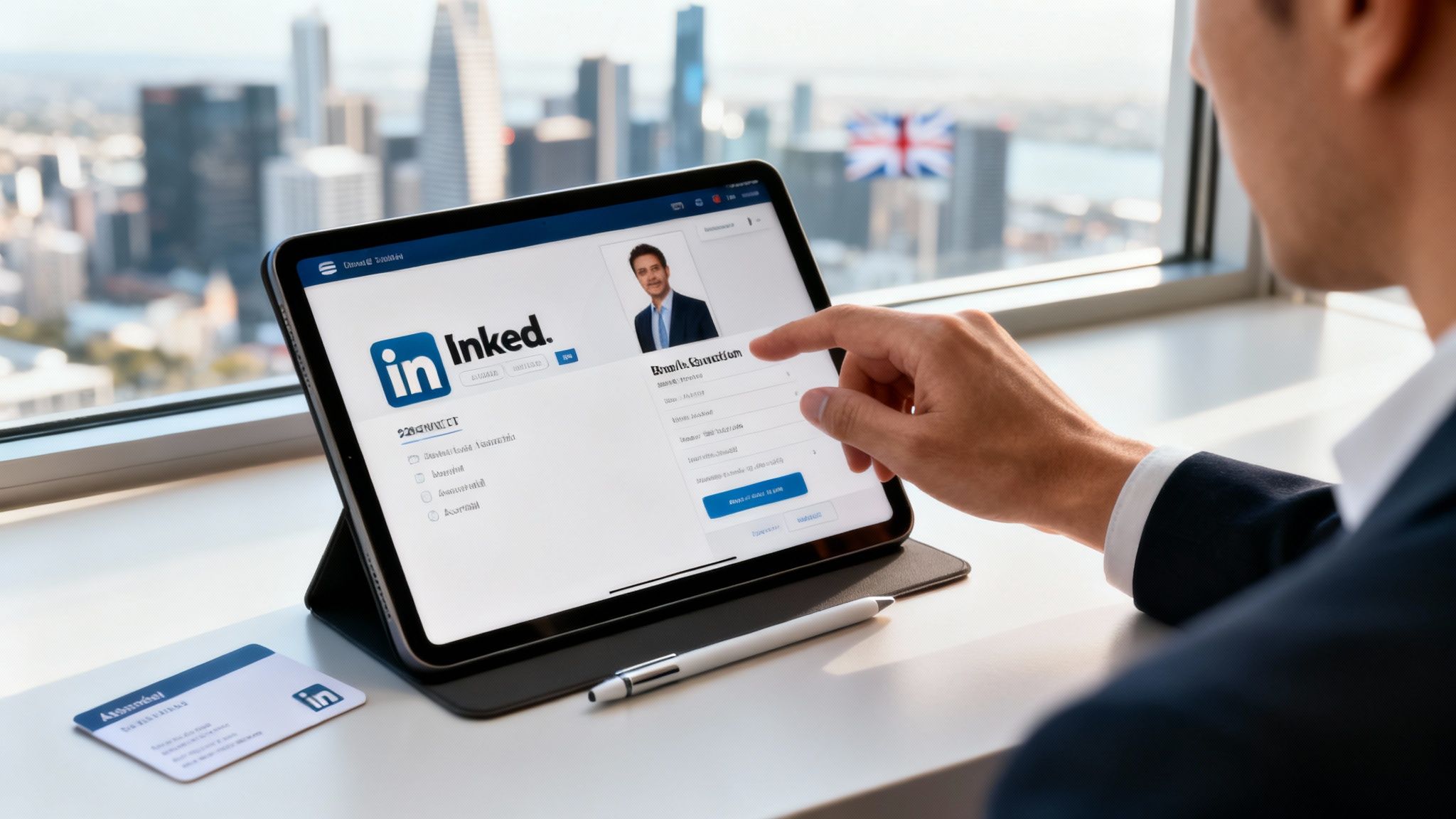 A man views a LinkedIn profile on a tablet with a city skyline in the background.