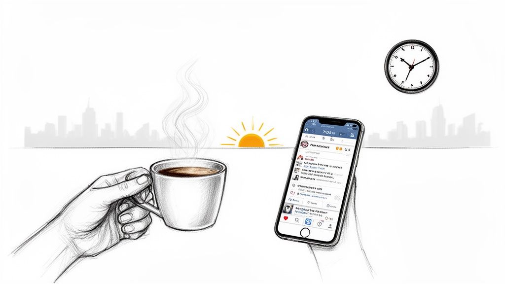 A sketched image showing a person's hands holding coffee and a smartphone, with a sunrise and city skyline.