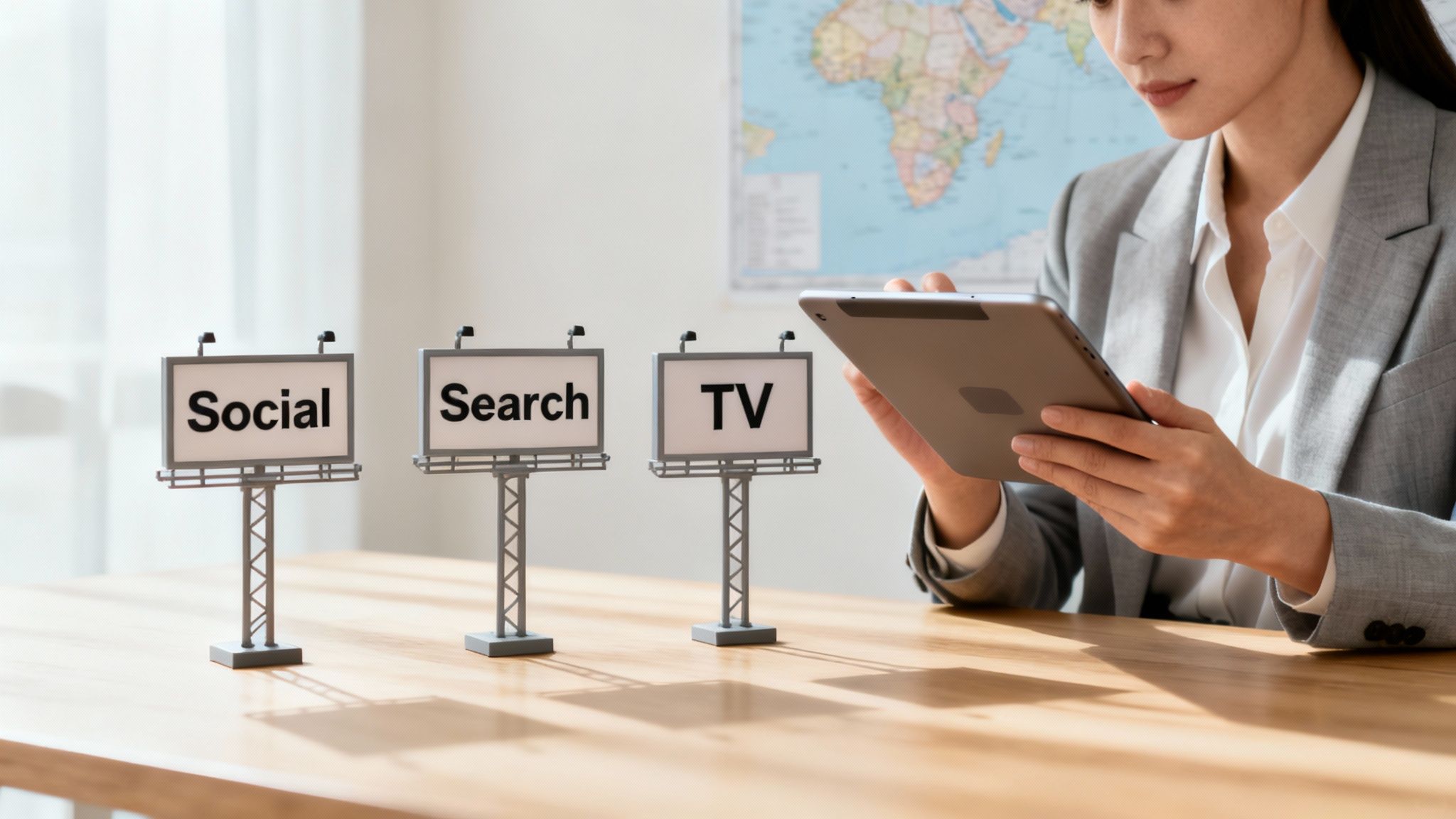 A group of marketing professionals collaborating around a table, analyzing charts on a laptop to plan a media buying strategy.