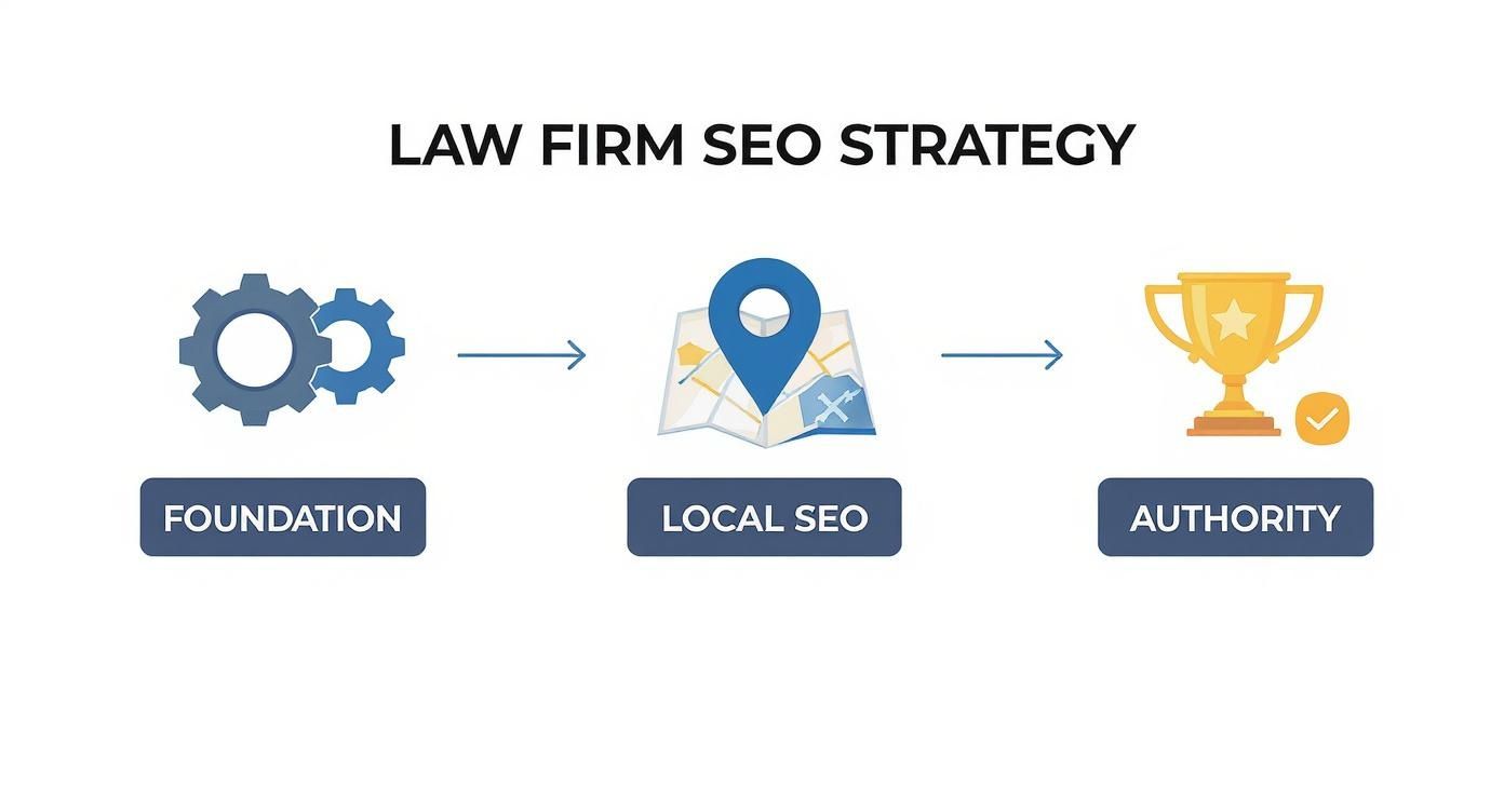Diagram illustrating a law firm SEO strategy, showing three stages: Foundation, Local SEO, and Authority.