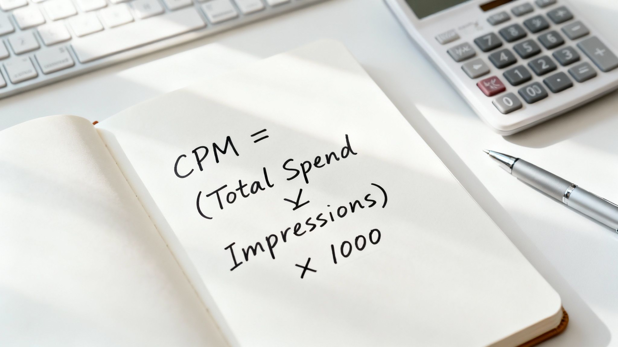 A person at a desk using a calculator and looking at campaign data on a laptop.