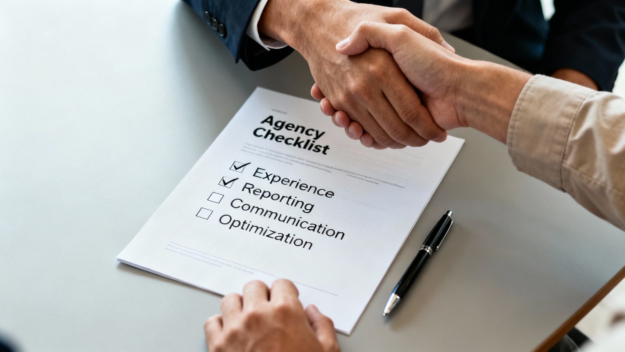 Two business people shake hands over an 'Agency Checklist' document with items checked.