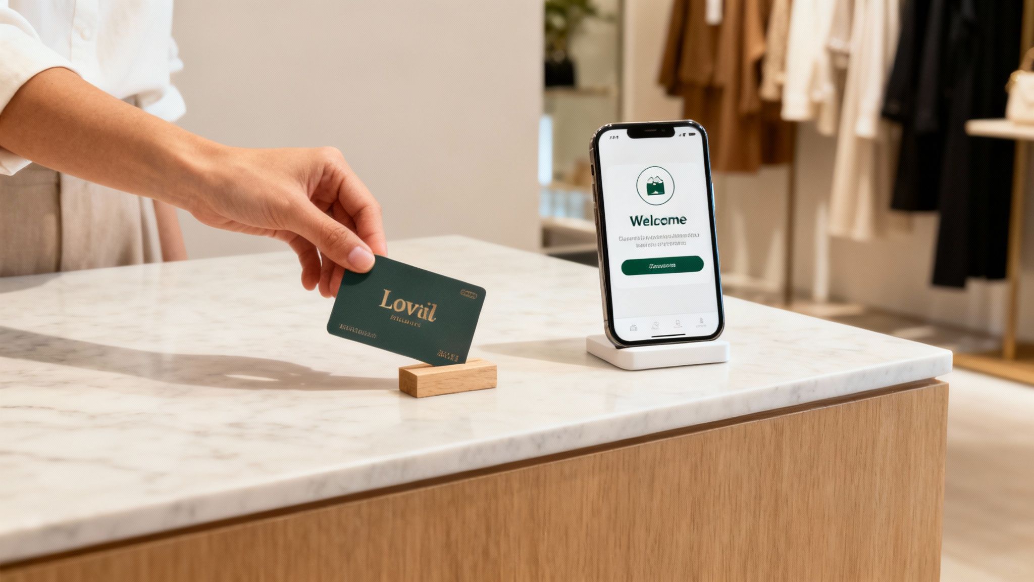 A hand holds a green loyalty card next to a smartphone displaying a welcome screen in a retail store.