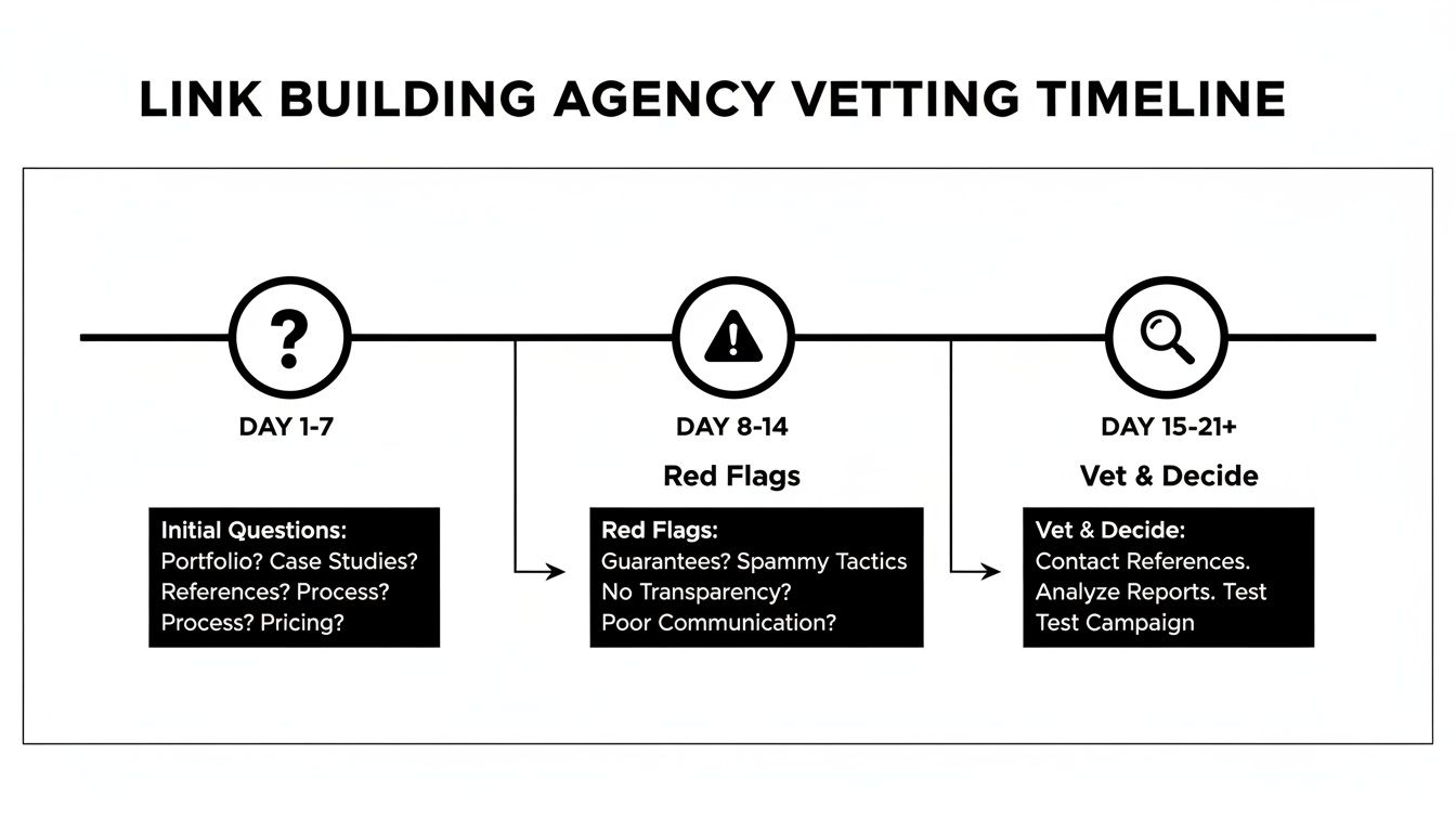 Timeline for vetting a link building agency, detailing initial questions, potential red flags, and decision stages.