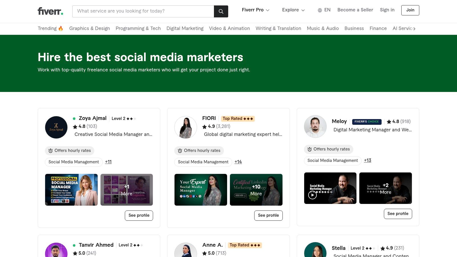 Fiverr social media marketing service listings showing various freelancers and their offered packages