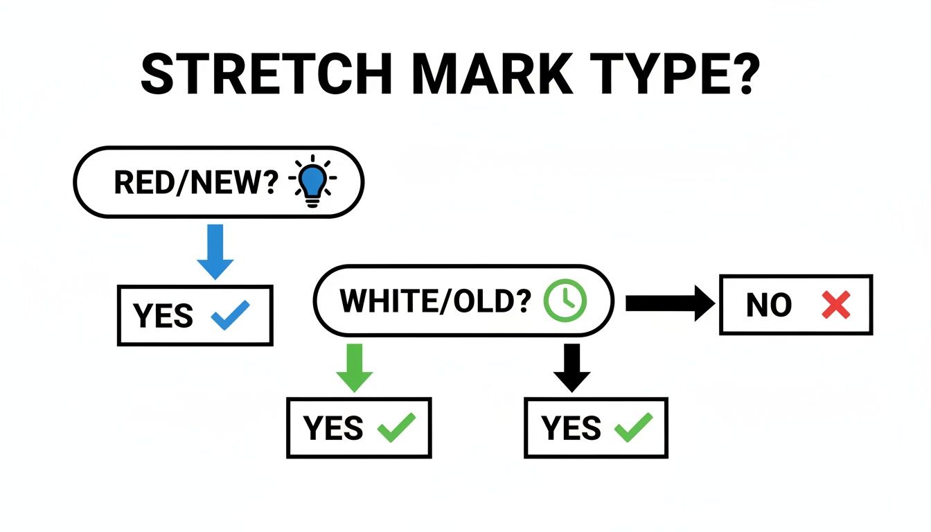 Flowchart detailing stretch mark types, distinguishing between red/new and white/old marks.