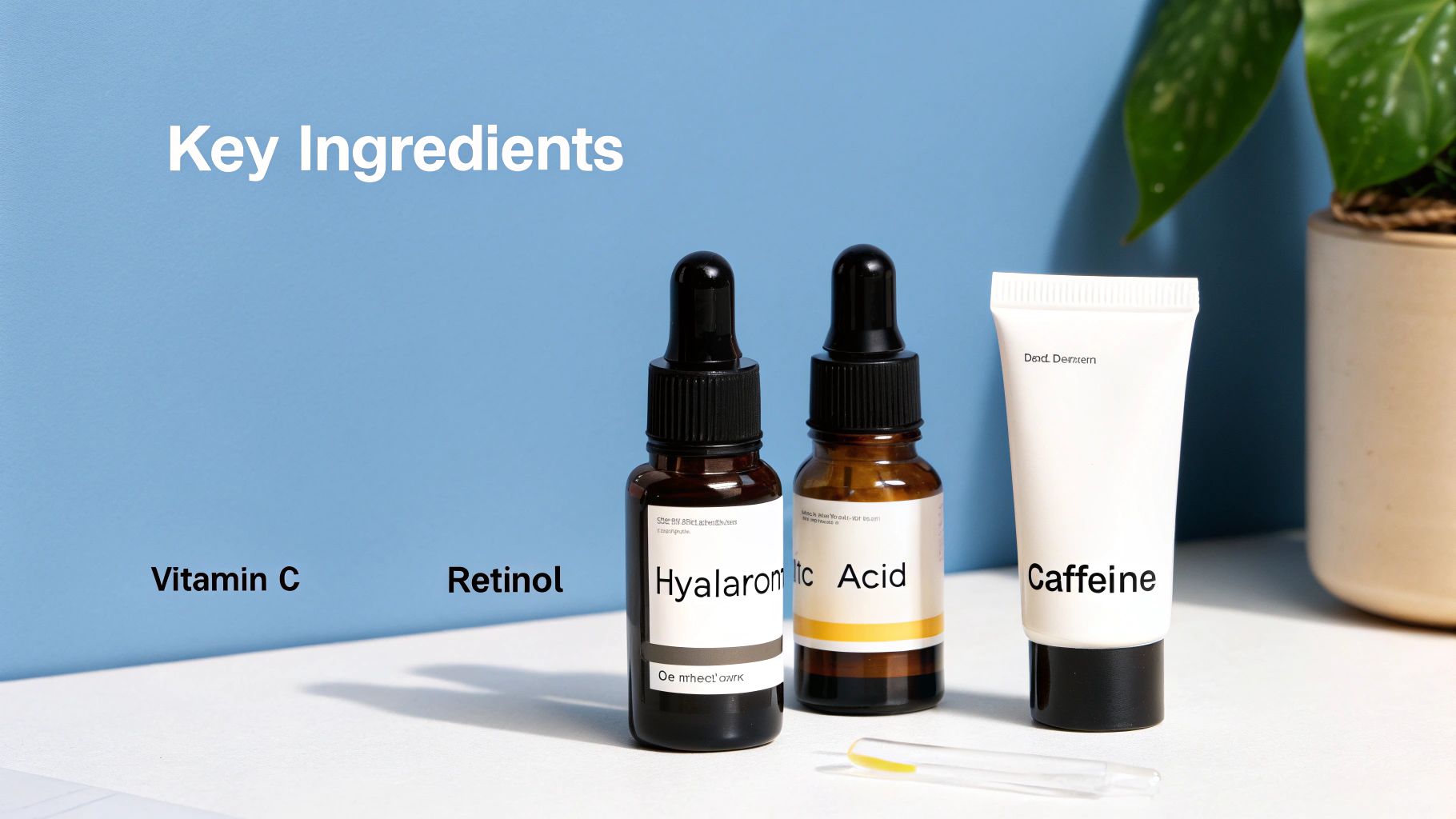 A flat lay of various skincare products, including serums for Vitamin C, Retinol, Hyaluronic Acid, and a tube of Caffeine cream.