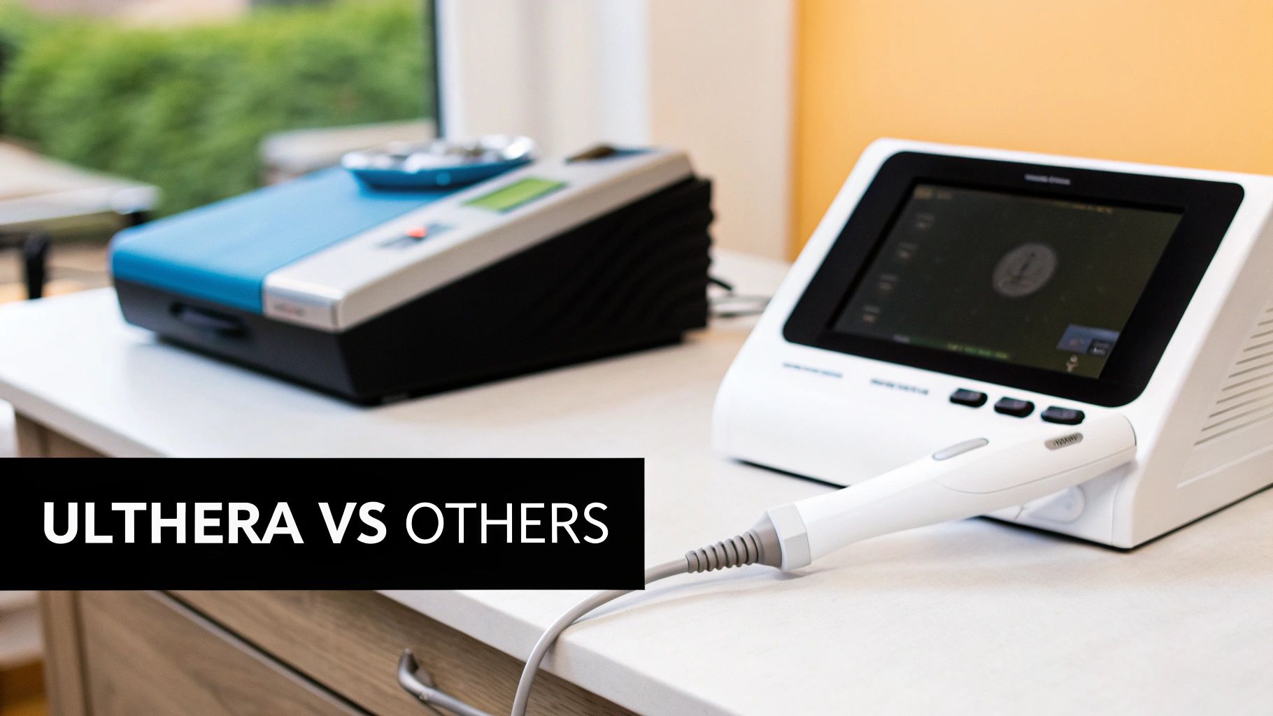 Two medical aesthetic devices, including an Ultherapy machine with a screen and handpiece.