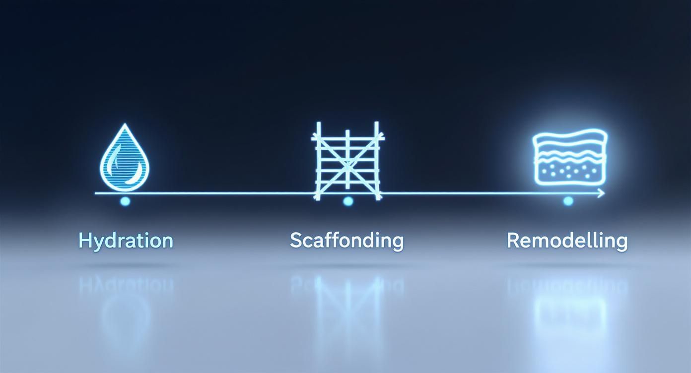 Visualizing a three-step process: Hydration (water drop), Scaffolding, and Remodelling (layered icon) with blue neon visuals.