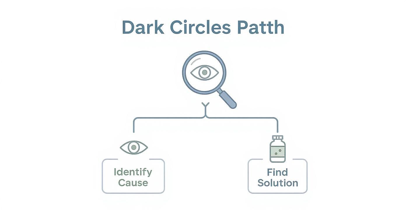 Flowchart illustrating the path to identify causes and find solutions for dark circles.