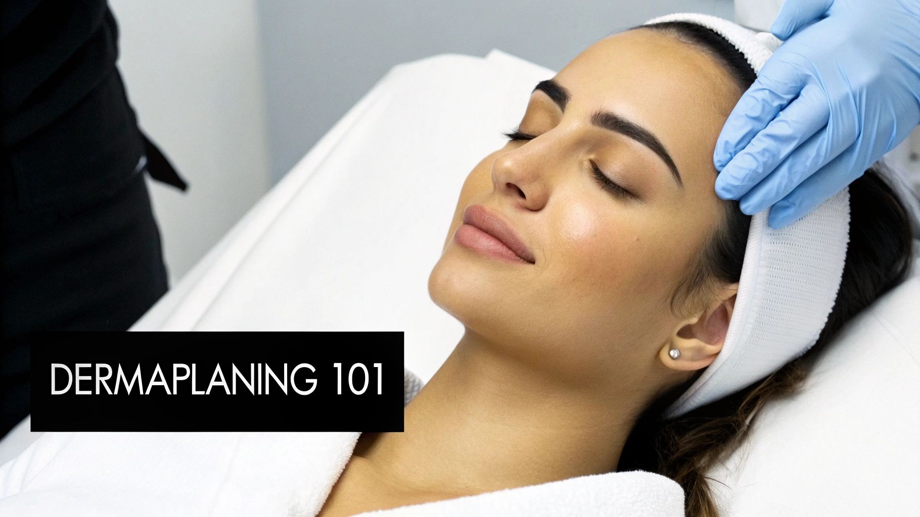 A woman with closed eyes relaxes during a dermaplaning facial, a gloved hand gently touching her temple.